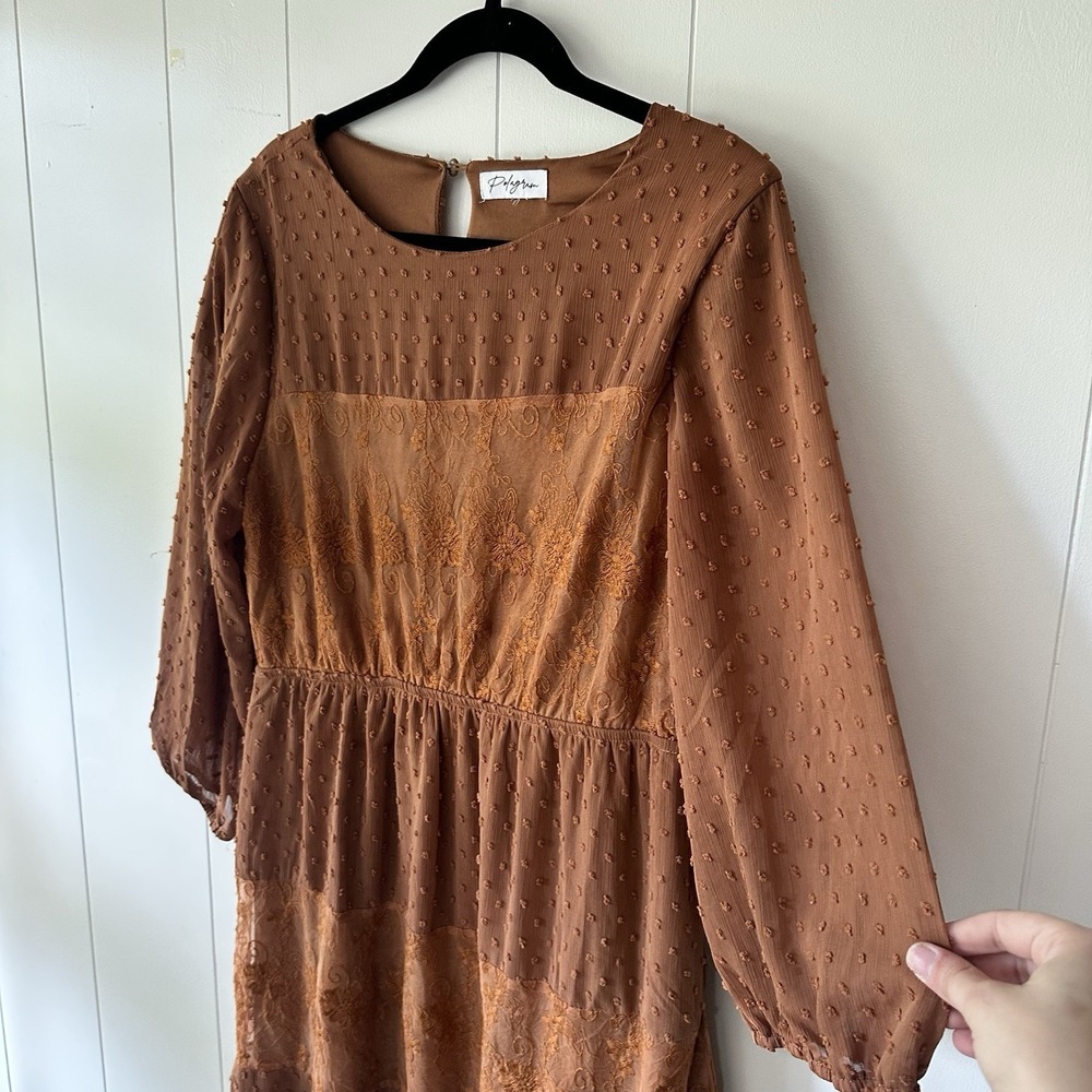 Pologram Swiss Dot Lace Boho Empire Waist Dress Burnt Orange Large Flowy Midi - Picture 2 of 8